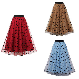 Automne décontracté femmes coeur imprimé maille <span class=keywords><strong>Tulle</strong></span> <span class=keywords><strong>jupe</strong></span> taille haute élastique <span class=keywords><strong>bleu</strong></span> marron Vintage 50s 60s balançoire une ligne jupes - Product Image 1
