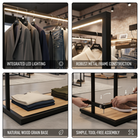 Présentoir à vêtements en métal LED avec base en bois, support de suspension pour boutique, présentoir de magasin de vêtements, équipement de showroom, personnalisable