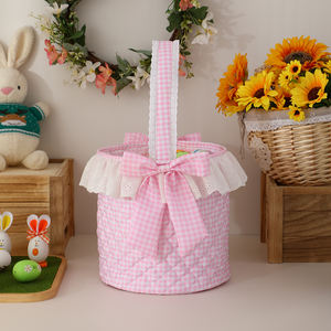 Vente en gros Paniers de Pâques avec nœud à volants vichy Panier de Pâques vide pour enfants avec broderie lapin - Product Image 5