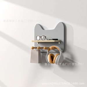 Wooden Cat Shaped Wall <b>Shelf</b> With <b>Hooks</b> For Home Entryway Storage Organization - Product Image 4