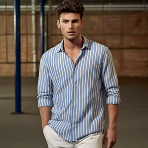 Nouvelle chemise pour homme, chemise décontractée, édition printemps-automne-été, chemise en lin adhésive, haut à manches longues pour homme, chemise rayée - Product Image 2