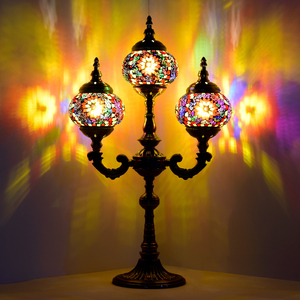 Lampe de table marocaine <span class=keywords><strong>Marrakech</strong></span>, faite à la main, 3 globes, mosaïque turque en verre, lampe de bureau ottomane en mosaïque - Product Image 2