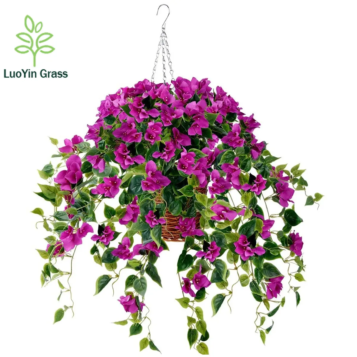 Artificial Flowers Hanging Basket with Bougainvillea Silk Vine Flowers for Outdoor/Indoor, Artificial Hanging Plant in Basket