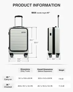 Luggage Airline Approved With Laptop Compartment PC Hard Case Luggage With USB Port Travel Suitcase With Wheels Lightweight