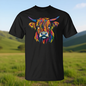 T-shirt graphique Highland Cow, design animal coloré, taille adulte unisexe - Product Image 3