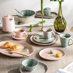 Juego de Vajilla de Porcelana Ecológica LovingHome, Estilo Nórdico, Color Verde Rosa, <span class=keywords><strong>Kora</strong></span> Acacia, Cinco Secciones, Diseño Floral - Product Image 1