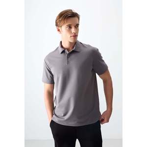 T-shirt basique pour homme en coton gris foncé, épais, doux, texturé, col polo, coupe ample - 88381 - Gris foncé - Product Image 1