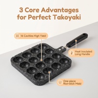 Poêle japonaise pour takoyaki en aluminium moulé monobloc 16 trous, antiadhésive, 32,5x15,3 cm, avec poignée isolée thermiquement pour cuisinière à gaz