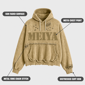 Sweat à capuche <span class=keywords><strong>homme</strong></span> personnalisé 420GSM kaki, effet délavé soleil, avec chaîne métallique et ourlet et poignets vieillis, <span class=keywords><strong>coupe</strong></span> oversize pour streetwear décontracté - Product Image 2