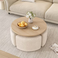 Ensemble de table basse ronde en bois Japandi avec 4 tabourets en tissu, style crème minimaliste, meubles multifonctionnels pour le salon
