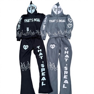 Ensembles de survêtements à fermeture éclair intégrale avec logo personnalisé, pantalons de survêtement évasés épais à fermeture éclair intégrale pour hommes - Product Image 1
