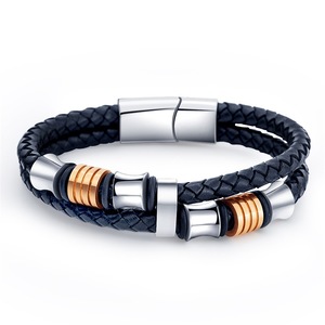 Men's Braided Leather <b>Wrap</b> Bracelet Stainless Steel Gold Plated Casual Sporty Style Geometric Pattern <b>Black</b> - Product Image 1
