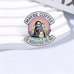 Broche Esmaltado '<span class=keywords><strong>Quizás</strong></span> el Café Está Posesivo de Migo', Estilo Punk, con Esqueleto del Grim Reaper Bebiendo Café, en Tono Pastel, para Bolsos, Ropa, como Joyería o Regalo - Product Image 3
