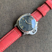 Montre mécanique automatique de sport pour hommes, boîtier en acier, cadran noir, date, bracelet en cuir mat rouge