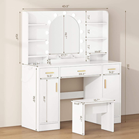Meuble-lavabo blanc moderne avec 11 lumières LED et miroir en verre en forme d'arc |   Coiffeuse avec prises électriques intégrées pour chambre à coucher