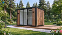 Module de bureau préfabriqué modulaire Europe-Amérique pour jardin, studio de travail en conteneur, revêtement bois, design moderne pour villa et appartement