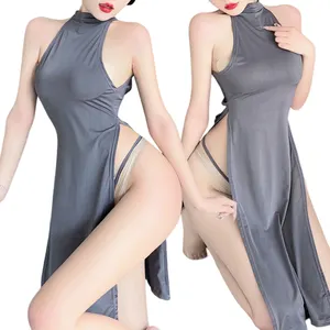 2 Piece Sexy Body Cheongsam Women's Sexy Lingerie Nightshirt Uniform Temptation Sleeveless Mini Sleepwear