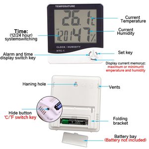 Thermomètre hygromètre numérique LCD intérieur/extérieur avec horloge, alimentation automatique par pile, en plastique, pour la cuisine - Product Image 2