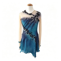 Robe de patinage artistique pour enfants, bleu turquoise dégradé, en dentelle, à manches longues, décolleté en V profond, dos ouvert, ornée de strass faits à la main, coupe irrégulière