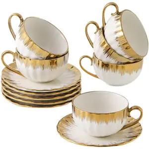 15teiliger Keramik-Kessel Kaffee-Teebecher und Untertassen-Set Goldrand-Porzellan-Teeset mit Zuckertopf-Cremaker-Kessel Nachmittagstee-Set