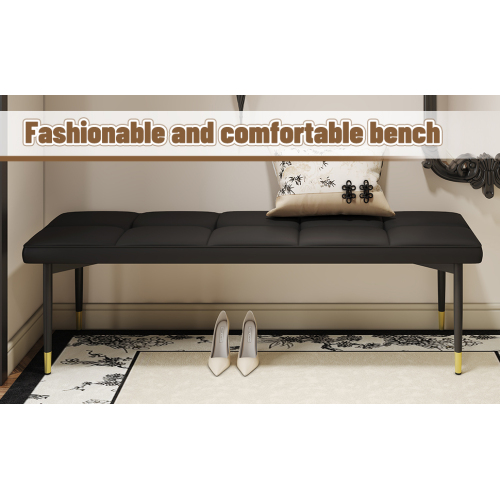 59x17 Inch Multifunctional Black Shoe Bench Faux PU Cushion Sturdy Metal Legs Gold Bedroom Fitting Room Storage Room Shoe Racks