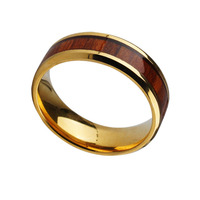 Bague de luxe en acier inoxydable de style européen et américain pour homme, avec incrustation de ligne dorée et de bois de rose, bague noire