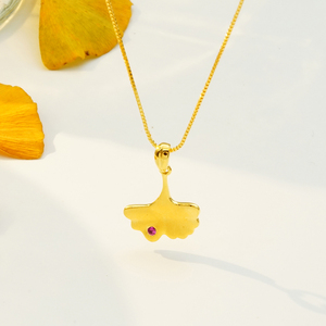 IGI Certified 14K Gold Ginkgo Leaf Pendant <b>Necklace</b> Pink Sapphire Bezel Box Chain Birthstone Gifting Jewelry - Product Image 3