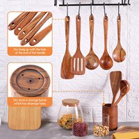 Cuillères en bois pour la cuisson Ustensiles de cuisine en teck Spatule Ustensiles de cuisine en bois Cuillères avec repose-cuillère Porte-ustensiles