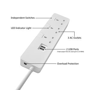 Enchufe de Corriente del Reino Unido de <span class=keywords><strong>3</strong></span> Tomas con Interruptor Independiente, Obturador de Seguridad, 2 Puertos USB, Protección Contra Sobrecargas, Cubierta Deslizante, Diseño de Base Biselada - Product Image 2