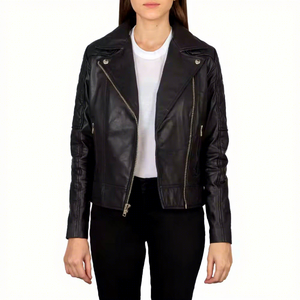 Chaqueta de cuero genuino negro para mujer, estilo motero, con cremallera asimétrica, cuello de solapa, mangas acolchadas, piel de oveja, bolsillos con cremallera, corte ajustado. - Product Image 1