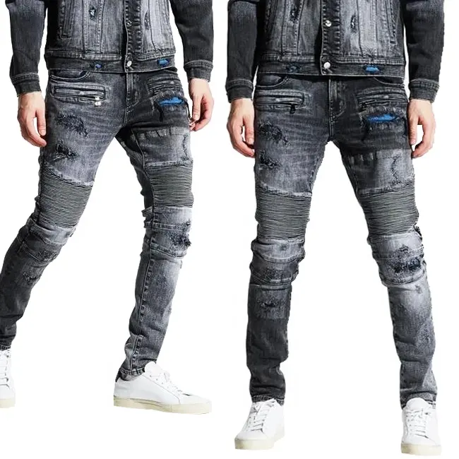 OEM stone wash mens biker jeans hot selling black jeans men custom jeans tags