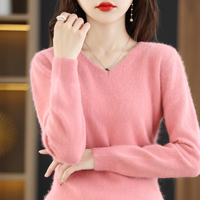 Damen Flacher V-Ausschnitt Nerz-Kaschmir-Pullover Neue Herbst/Winter 2023 Kollektion Gestrickter Loser Pullover Alltagstauglicher Basic-Strickpullover