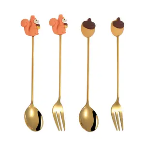 Hot selling cute design cutlery squirrel handle stainless steel dessert spoon fork with gift box for party