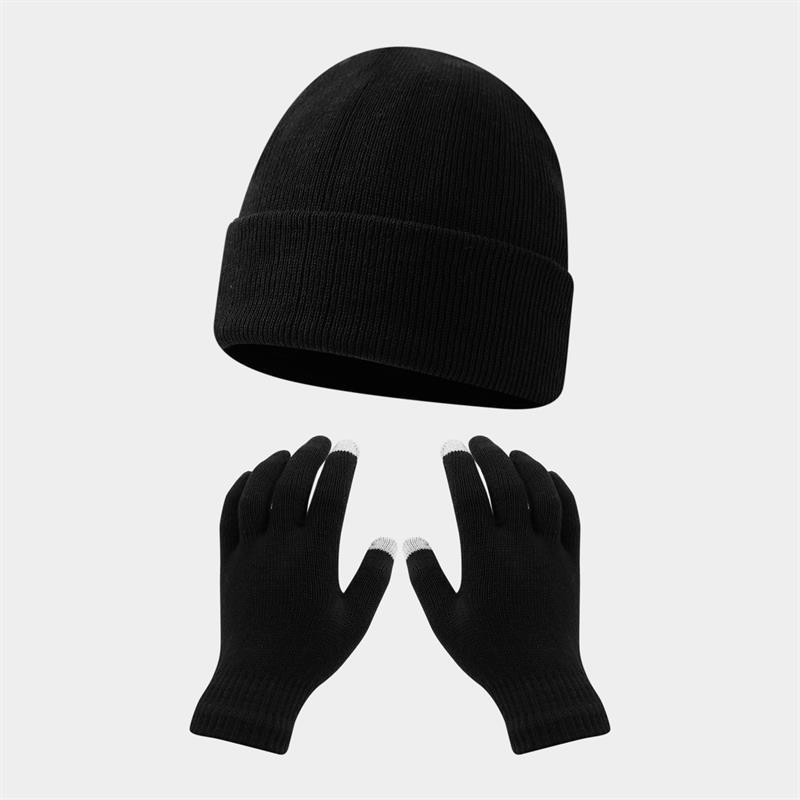 Conjunto de gorro y guantes cálidos para otoño e invierno - [Negro].