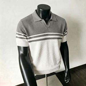 Men's Striped Color Block Knit Polo <strong>Shirt</strong> Short Sleeve V-Neck Breathable Pointelle Casual Summer Top - Product Image 1