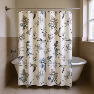 Cortina de Ducha de Algodón Estampada con Diseño Floral y de Aves Vintage, Decoración Clásica para Baño - Product Image 2