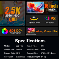 Monitor Portátil Triple QHD de 16 Pulgadas y 2.5K, sRGB 100%, Extensor de Pantalla para Portátil Desmontable, Monitores Portátiles para Trading Plug & Play