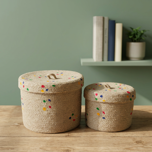 Natural Jute Woven Storage <b>Basket</b> <b>with</b> <b>Lid</b> Round Cotton Rope Organizer for Indoor Balcony Home Decor - Product Image 3