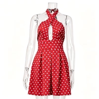 Nouvelle Robe Mini Plissée Sexy d'Été à Pois Extensible, Dos Nu et Col Halter Profond en V pour Femme