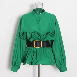 Лидер продаж, модная рубашка oudine для женщин, Повседневная однотонная женская блузка с поясом и оборками, с длинным рукавом, рубашки