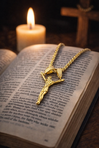 Collana con Croce Cristiana in Acciaio Inossidabile Placcato Oro, Ciondolo Crocifisso, Gioielleria Cristiana all'Ingrosso - Product Image 2