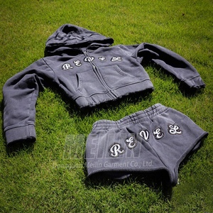 Custom Distressed Embroidery Streetwear <b>Cropped</b> Acid Wash <b>Zip</b> <b>up</b> Hoodies and Shorts Set Two Piece Tracksuit Sweatsuit Set Women - Product Image 2