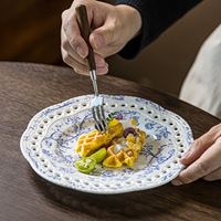 Assiette en céramique bleue vintage à motifs floraux, élégante, pour dîner, salade, dessert, vaisselle décorative