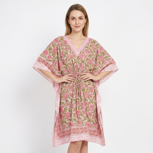 Women 100%Cotton Floral Print V-Neck <b>Kaftan</b> Loose Batwing Sleeve Asymmetrical Hem Chiffon Midi Dress <b>Summer</b> Casual Wear - Product Image 1