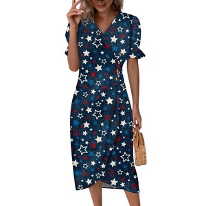 Vestido Midi Elegante para Mujer con Cuello en V, Mangas Cortas, Estampado Floral/de Puntos, Diseño Entallado, Detalle de Botones para Verano/Otoño - Product Image 1