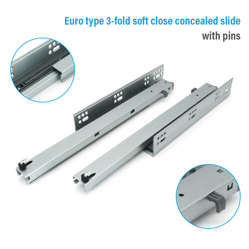 Euro type 3-fold soft close concealed slide with pins
