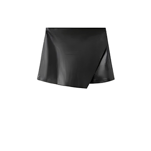 Jupe-short en satin noir pour femme, taille haute, fermeture élastique, style minimaliste drapé, coupe classique - Product Image 1