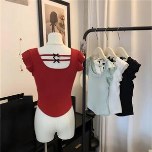T-shirt da donna con scollo quadrato alla francese, maniche corte arricciate, design irregolare con fiocco, <span class=keywords><strong>top</strong></span> estivo 2026, puro e <span class=keywords><strong>sexy</strong></span> - Product Image 2