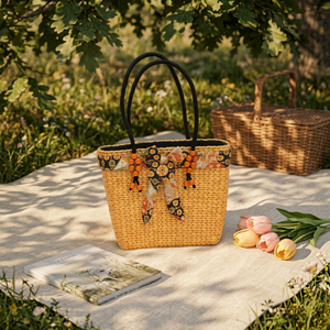 Bohemian <b>Straw</b> Tote <b>Bag</b> With Floral Embroidery And Beaded Decor 14x10in Summer Beach Handbag Open Closure Style - Product Image 5