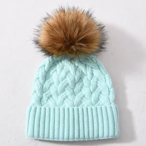 Wholesale Thick Warm Winter Cashmere Wool Knitted Hats Women Cute Big Faux Long Fur Pom Pom Custom Oem Beanie